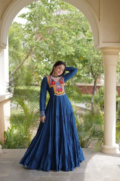 Majestic Blue Kutchi Gamthi Reyon Gown with 4 Layer Frill Stitching for Navratri Anarkali Kurtis 