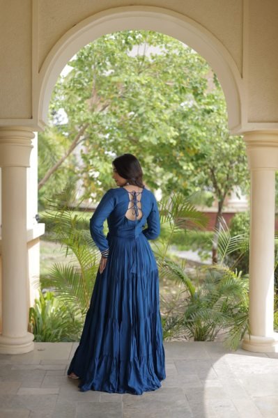 Majestic Blue Kutchi Gamthi Reyon Gown with 4 Layer Frill Stitching for Navratri Anarkali Kurtis 