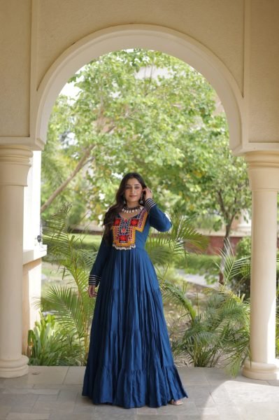 Majestic Blue Kutchi Gamthi Reyon Gown with 4 Layer Frill Stitching for Navratri Anarkali Kurtis 
