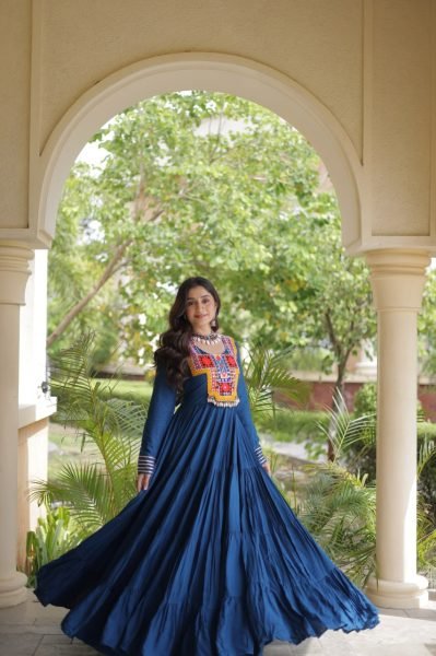 Majestic Blue Kutchi Gamthi Reyon Gown with 4 Layer Frill Stitching for Navratri Anarkali Kurtis 