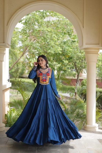 Majestic Blue Kutchi Gamthi Reyon Gown with 4 Layer Frill Stitching for Navratri Anarkali Kurtis 