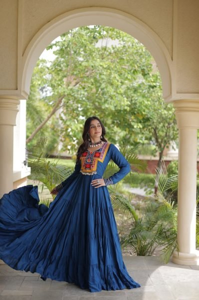 Majestic Blue Kutchi Gamthi Reyon Gown with 4 Layer Frill Stitching for Navratri Anarkali Kurtis 