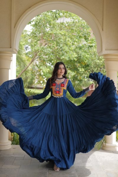 Majestic Blue Kutchi Gamthi Reyon Gown with 4 Layer Frill Stitching for Navratri Anarkali Kurtis 