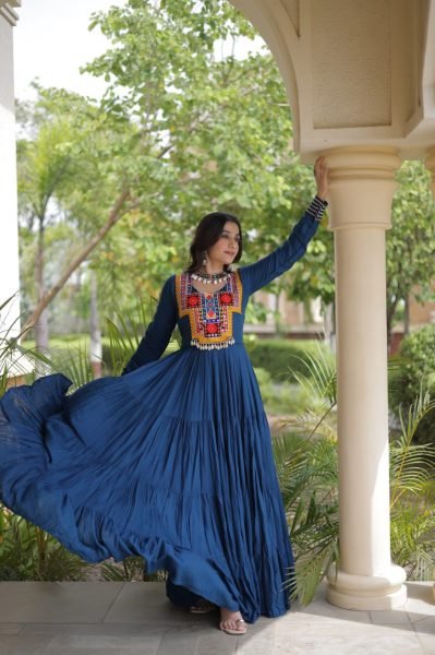 Majestic Blue Kutchi Gamthi Reyon Gown with 4 Layer Frill Stitching for Navratri Anarkali Kurtis 