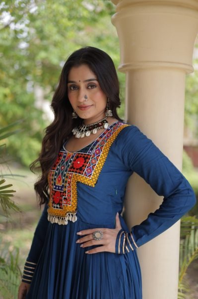 Majestic Blue Kutchi Gamthi Reyon Gown with 4 Layer Frill Stitching for Navratri Anarkali Kurtis 