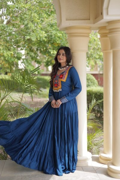 Majestic Blue Kutchi Gamthi Reyon Gown with 4 Layer Frill Stitching for Navratri Anarkali Kurtis 