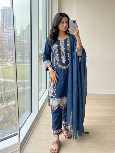 Majestic Blue Satin Rayon Kurti Set With Bottom And Dupatta For Bulk Wholesale Price Ready To Wear Suit