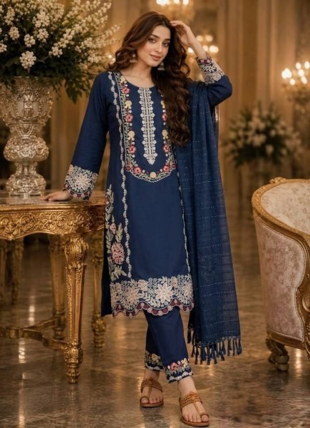 Majestic Blue Satin Rayon Kurti Set With Bottom And Dupatta For Bulk Wholesale Price Ready To Wear Collection
