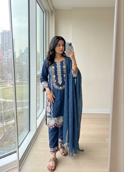 Majestic Blue Satin Rayon Kurti Set With Bottom And Dupatta For Bulk Wholesale Price Ready To Wear Collection