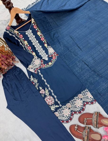 Majestic Blue Satin Rayon Kurti Set With Bottom And Dupatta For Bulk Wholesale Price Ready To Wear Collection
