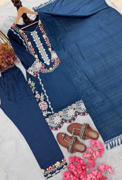 Majestic Blue Satin Rayon Kurti Set With Bottom And Dupatta For Bulk Wholesale Price Ready To Wear Collection
