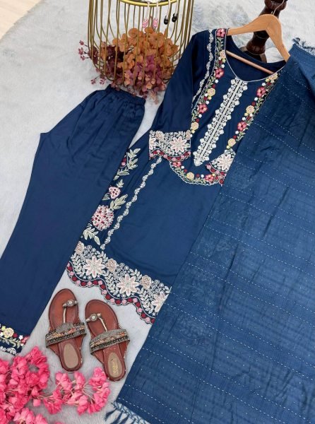 Majestic Blue Satin Rayon Kurti Set With Bottom And Dupatta For Bulk Wholesale Price Ready To Wear Collection