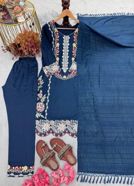 Majestic Blue Satin Rayon Kurti Set With Bottom And Dupatta For Bulk Wholesale Price Ready To Wear Collection