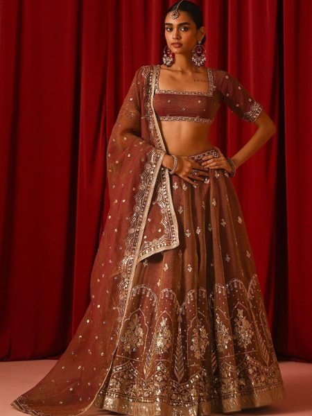 Majestic Brown Fandy Silk Lehenga Set with Zari Sequins Work and Designer Dupatta  Lehenga