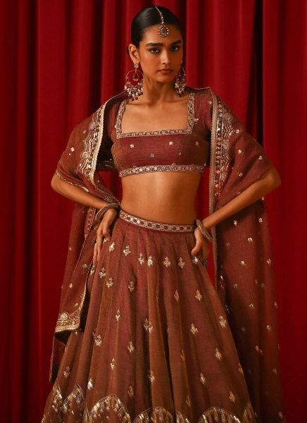 Majestic Brown Fandy Silk Lehenga Set with Zari Sequins Work and Designer Dupatta Designer Lehenga Choli