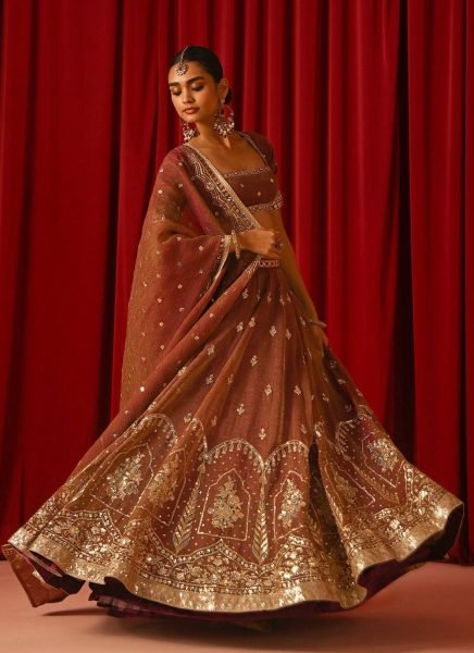 Majestic Brown Fandy Silk Lehenga Set with Zari Sequins Work and Designer Dupatta Designer Lehenga Choli