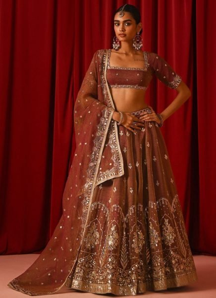 Majestic Brown Fandy Silk Lehenga Set with Zari Sequins Work and Designer Dupatta Designer Lehenga Choli