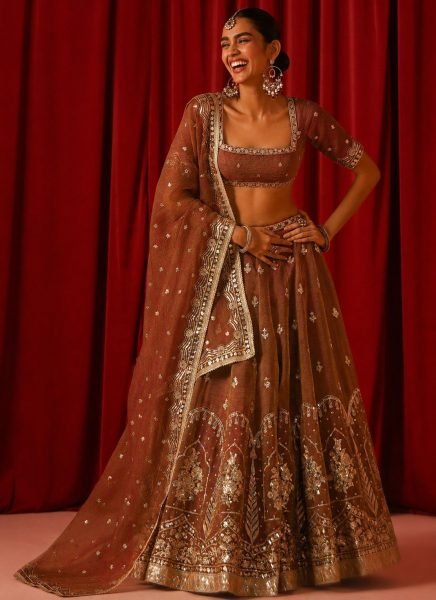 Majestic Brown Fandy Silk Lehenga Set with Zari Sequins Work and Designer Dupatta Designer Lehenga Choli