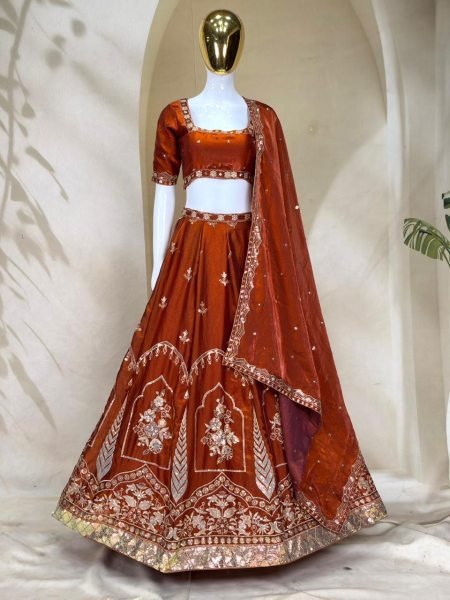 Majestic Brown Fandy Silk Lehenga Set with Zari Sequins Work and Designer Dupatta Designer Lehenga Choli