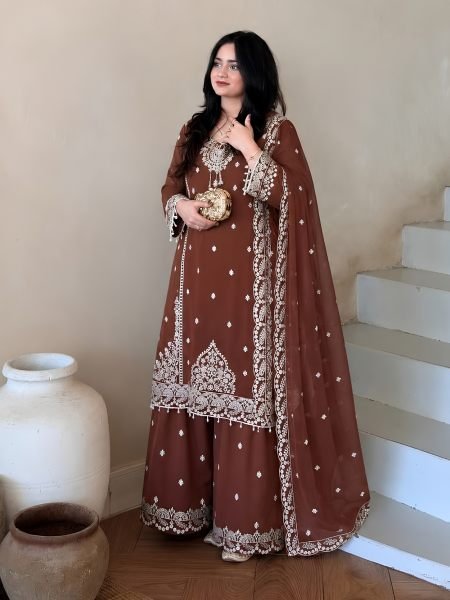 Majestic Brown Heavy Fox Georgette Kurti Palazzo Dupatta Set with Fancy Latkan Ready To Wear Suit