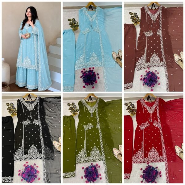 Majestic Brown Heavy Fox Georgette Kurti Palazzo Dupatta Set with Fancy Latkan Ready To Wear Collection
