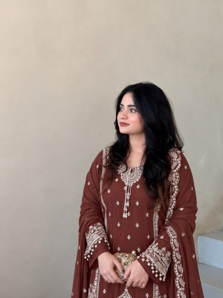 Majestic Brown Heavy Fox Georgette Kurti Palazzo Dupatta Set with Fancy Latkan Ready To Wear Collection