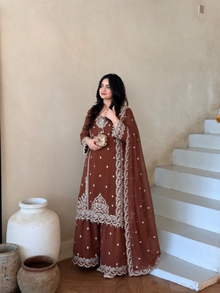 Majestic Brown Heavy Fox Georgette Kurti Palazzo Dupatta Set with Fancy Latkan Ready To Wear Collection