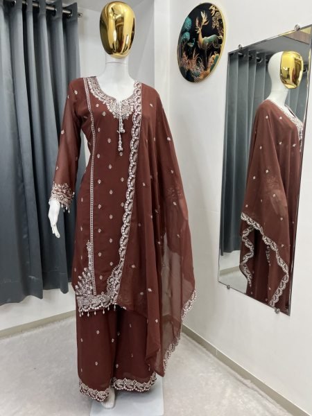Majestic Brown Heavy Fox Georgette Kurti Palazzo Dupatta Set with Fancy Latkan Ready To Wear Collection