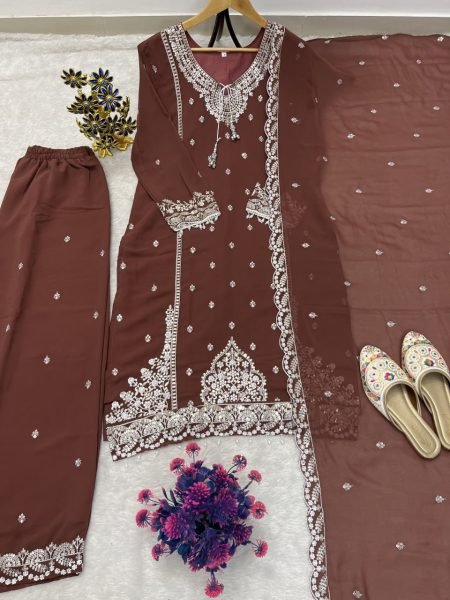 Majestic Brown Heavy Fox Georgette Kurti Palazzo Dupatta Set with Fancy Latkan Ready To Wear Collection