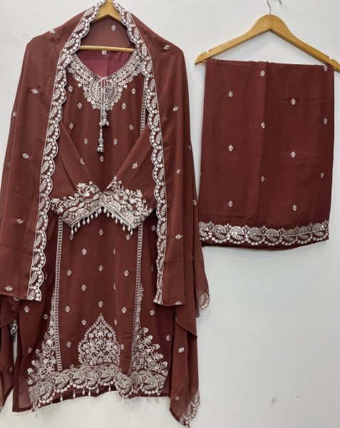 Majestic Brown Heavy Fox Georgette Kurti Palazzo Dupatta Set with Fancy Latkan Ready To Wear Collection