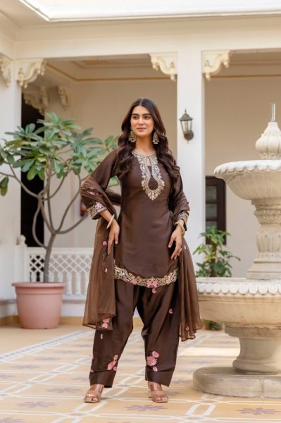 Majestic Brown Trendy Patiala Suit Set for Women Ethnic Collection Embroidery Kurtis 