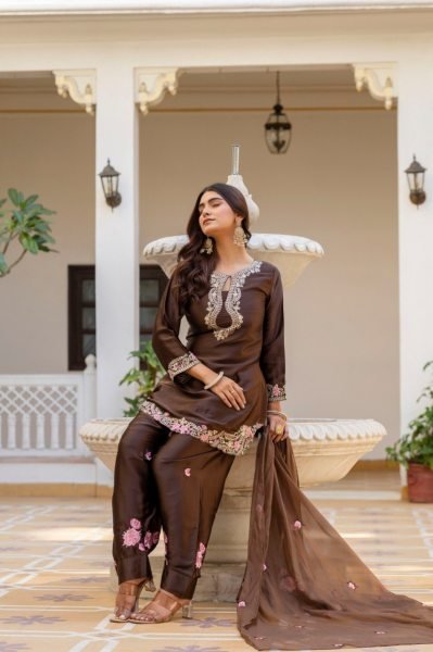 Majestic Brown Trendy Patiala Suit Set for Women Ethnic Collection Embroidery Kurtis 