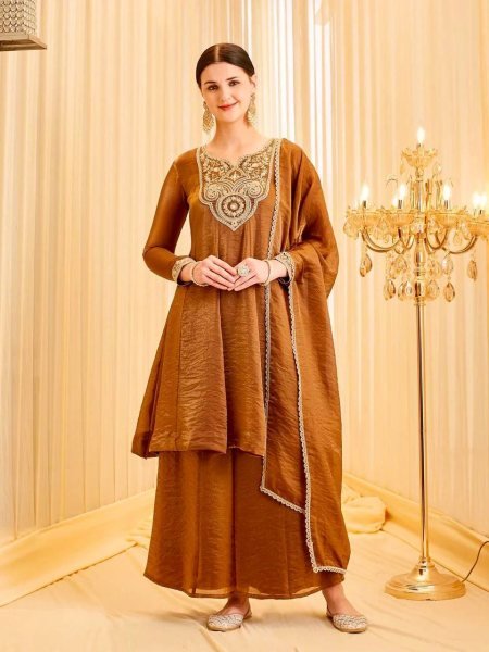 Majestic Brwon Women's Ethnic Wear Outfit with Embroidered Kurti and Four Side Lace Border Dupatta Ready To Wear Collection