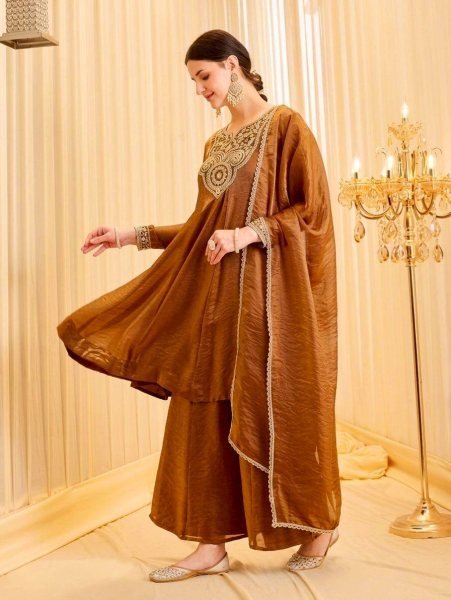 Majestic Brwon Women's Ethnic Wear Outfit with Embroidered Kurti and Four Side Lace Border Dupatta Ready To Wear Collection