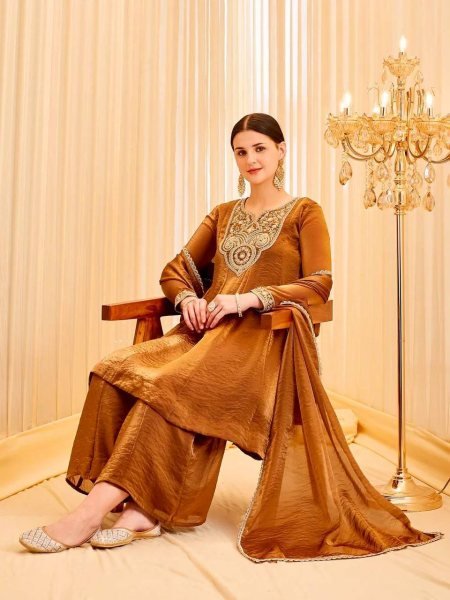 Majestic Brwon Women's Ethnic Wear Outfit with Embroidered Kurti and Four Side Lace Border Dupatta Ready To Wear Collection