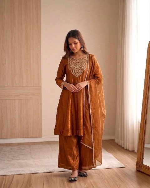 Majestic Brwon Women's Ethnic Wear Outfit with Embroidered Kurti and Four Side Lace Border Dupatta Ready To Wear Collection