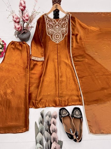 Majestic Brwon Women's Ethnic Wear Outfit with Embroidered Kurti and Four Side Lace Border Dupatta Ready To Wear Collection