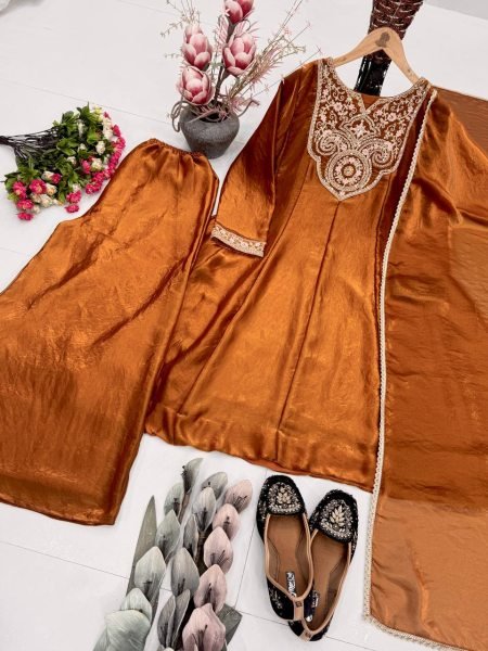 Majestic Brwon Women's Ethnic Wear Outfit with Embroidered Kurti and Four Side Lace Border Dupatta Ready To Wear Collection