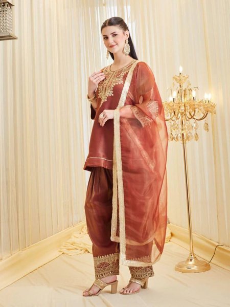 Majestic Copper Fendy Silk Palazzo Suit with Embroidery Sequence Work For Women Ready To Wear Collection