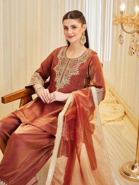 Majestic Copper Fendy Silk Palazzo Suit with Embroidery Sequence Work For Women Ready To Wear Collection
