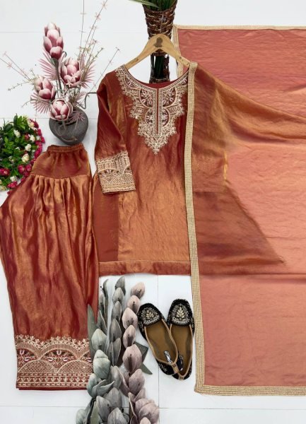 Majestic Copper Fendy Silk Palazzo Suit with Embroidery Sequence Work For Women Ready To Wear Collection