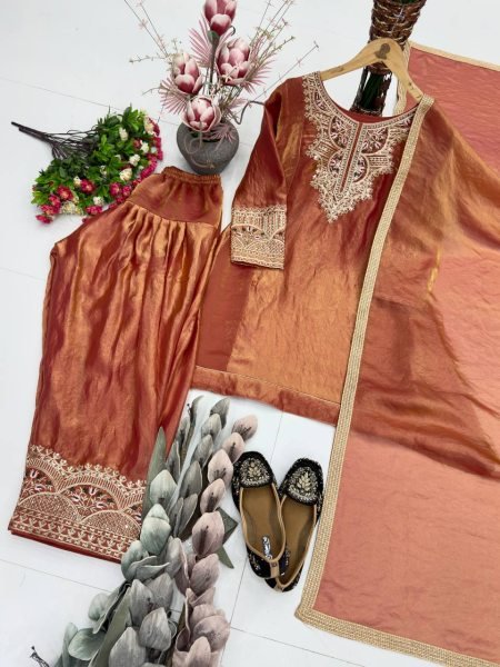 Majestic Copper Fendy Silk Palazzo Suit with Embroidery Sequence Work For Women Ready To Wear Collection