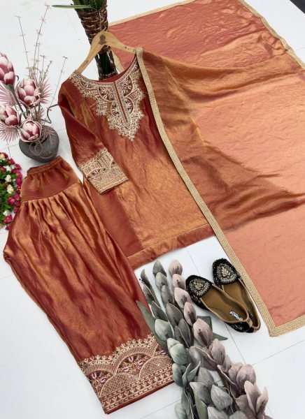 Majestic Copper Fendy Silk Palazzo Suit with Embroidery Sequence Work For Women Ready To Wear Collection