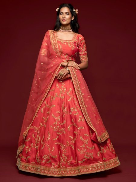 Majestic Coral Red Designer Bridal Lehenga Set with Soft Net Dupatta and Heavy Work  Lehenga