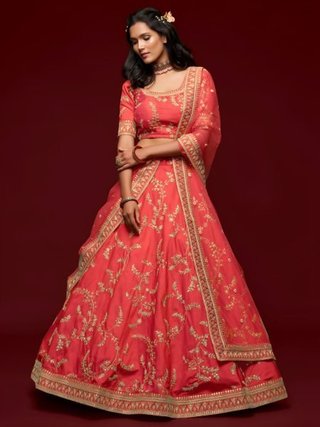 Majestic Coral Red Designer Bridal Lehenga Set with Soft Net Dupatta and Heavy Work Bridal Lehenga Choli