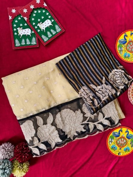 Majestic Cream Black Festive Wear Zari Tissue Saree with Applique Border Work at Wholesale Rate Silk Sarees Wholesale