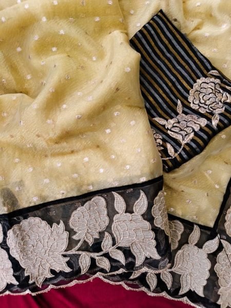 Majestic Cream Black Festive Wear Zari Tissue Saree with Applique Border Work at Wholesale Rate Silk Sarees Wholesale