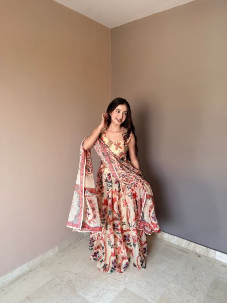 Majestic Cream Floral Printed Lehenga with Sleeveless Blouse for Festive Wear  Lehenga