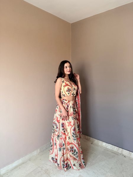Majestic Cream Floral Printed Lehenga with Sleeveless Blouse for Festive Wear Designer Lehenga Choli