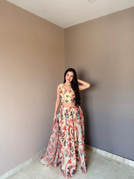 Majestic Cream Floral Printed Lehenga with Sleeveless Blouse for Festive Wear Designer Lehenga Choli